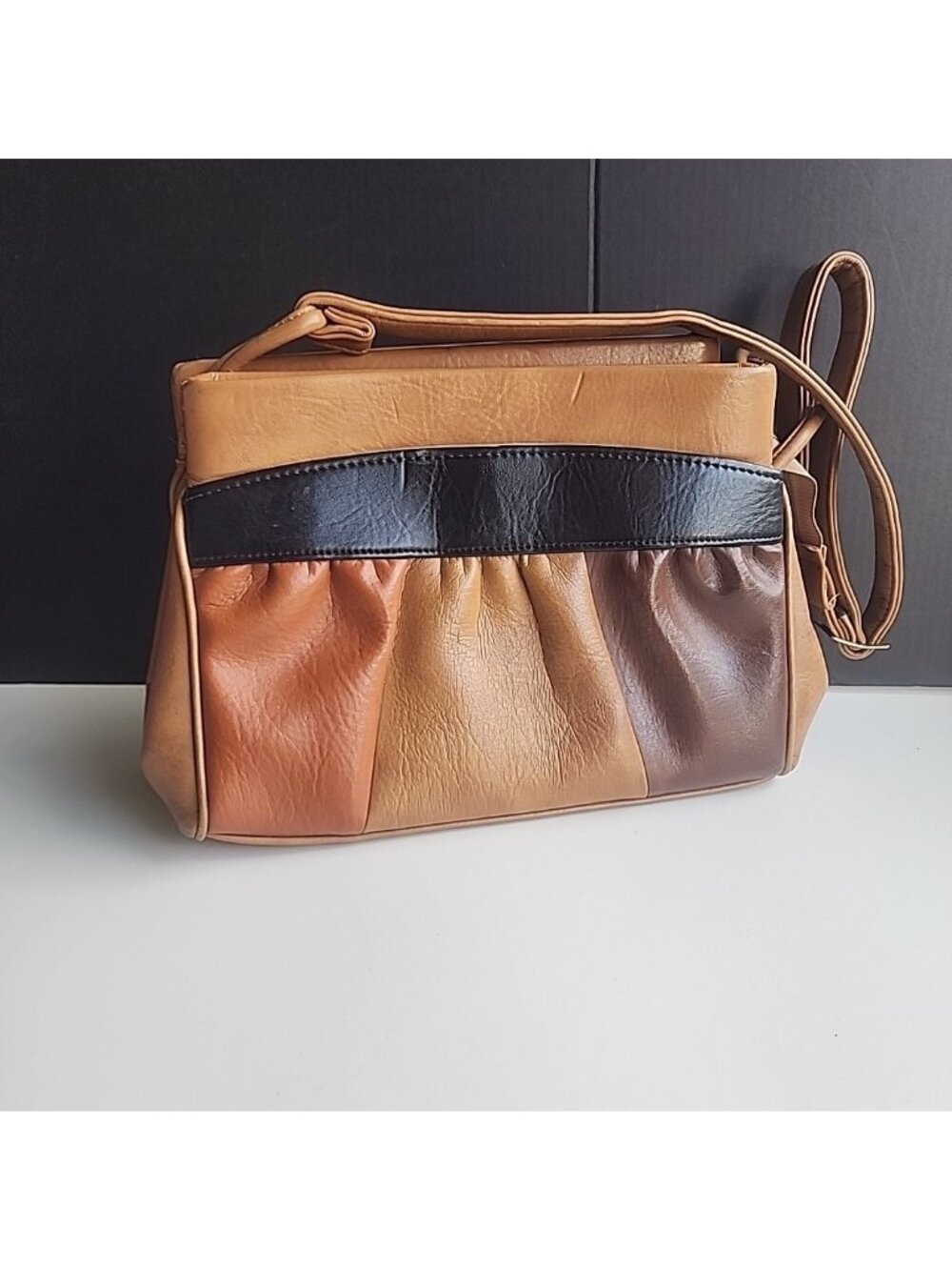 Vintage Brown & Black Crossbody Purse Adjustable Strap Multi-Tone Patchwork